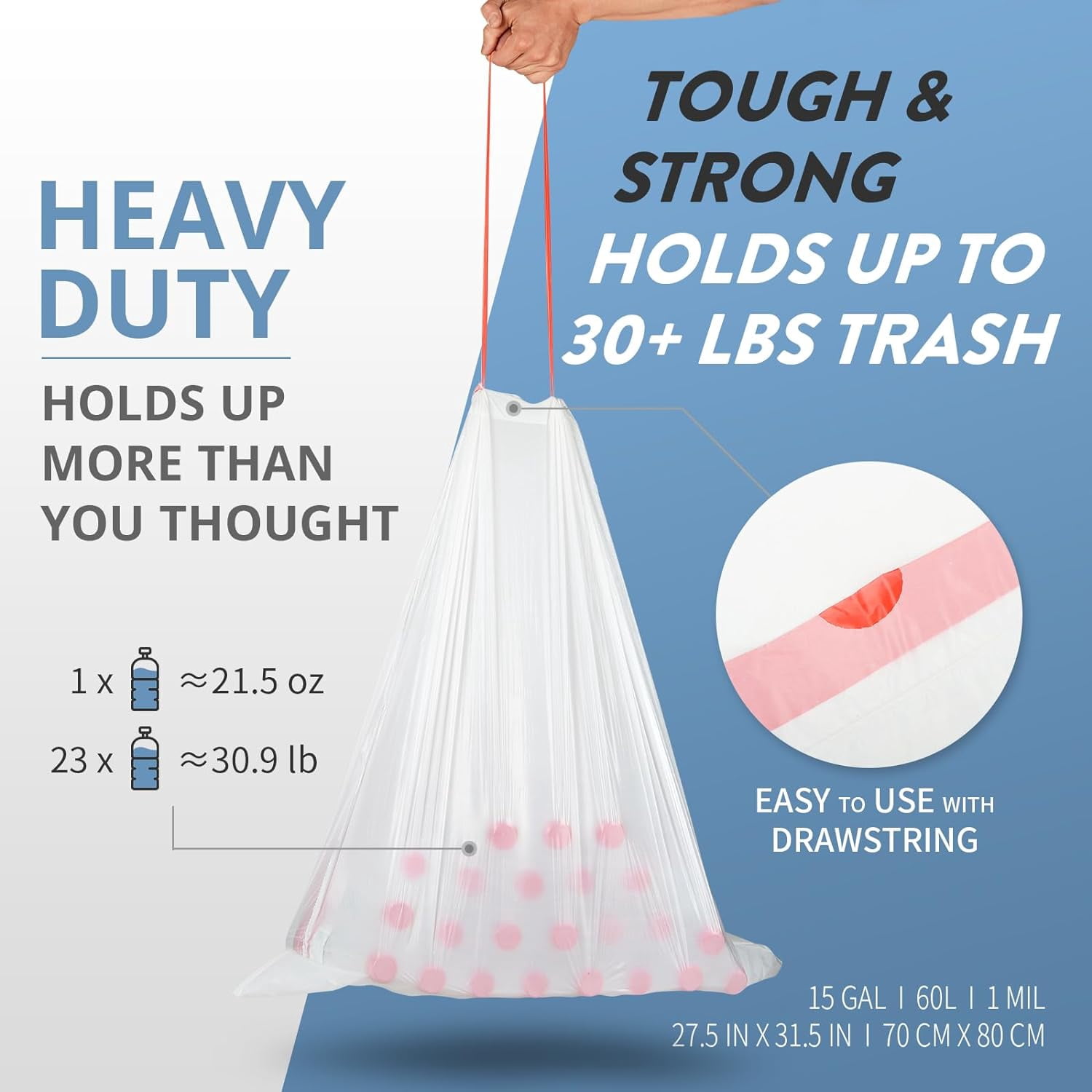 Drawstring Trash Bags - Ultra Large Trash Can Liners, Heavy Duty Strong White Plastic Garbage Bags for Home Kitchen Office Lawn Commercial
