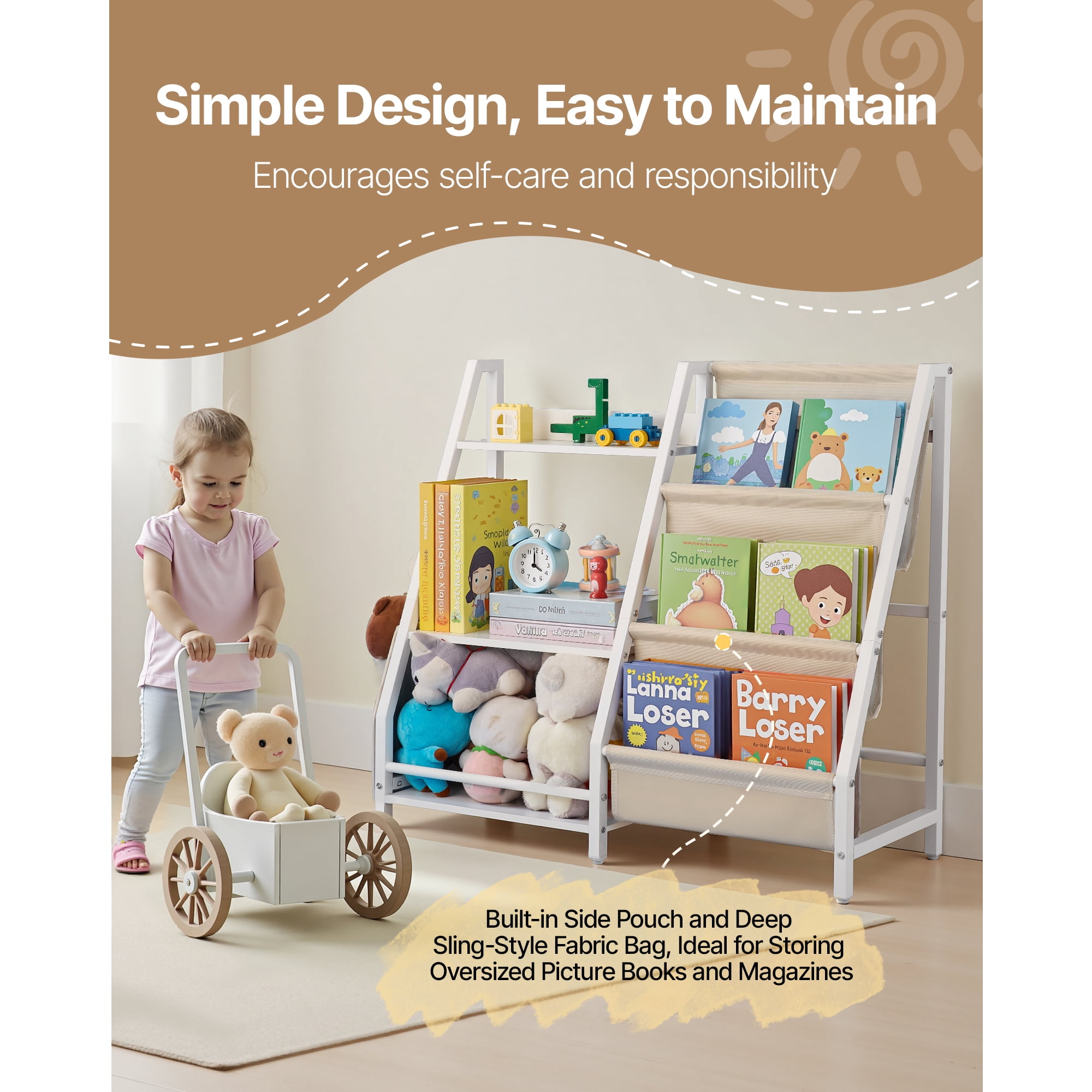 KFFKFF 3-Tier Children's Bookshelf with Toy Organizer, Sling Book Rack, and Storage Bag, Ideal for Kids' Rooms, Playrooms, Kindergartens, and Nurseries