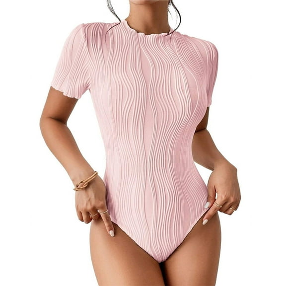 Bodysuits for Womens Crew Neck Short Sleeve Body Suits Going Out Outfits Summer Leotards Tops Onesie Shirts Pink S