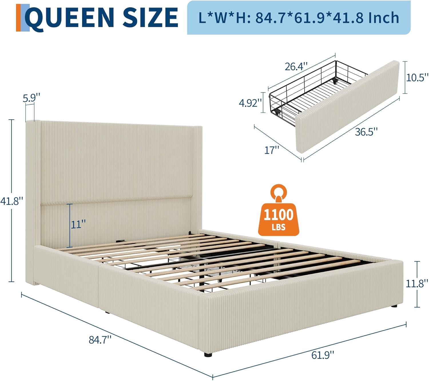 Queen Size Bed Frame with Storage Drawers, Corduroy Upholstered Platform Bed with Wingback, Tufted Headboard and Footboard, No Box Spring Needed, Beige