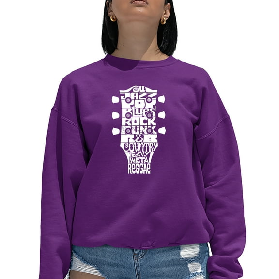 Women's Word Art Crewneck Sweatshirt - Guitar Head Music Genres