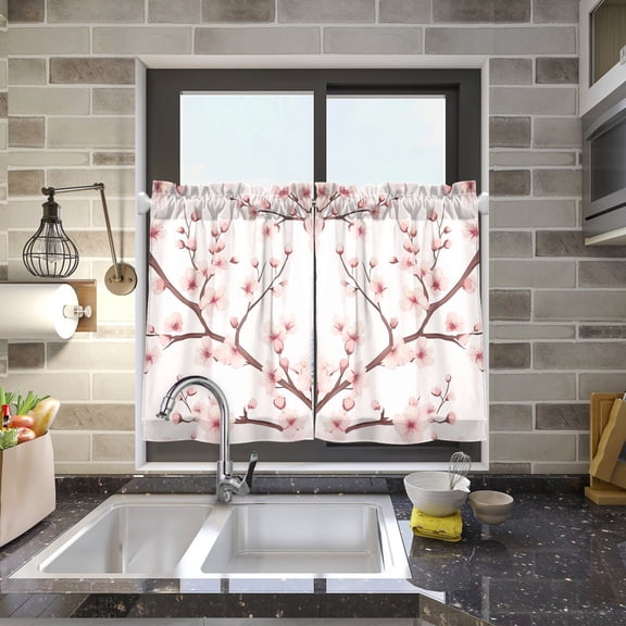 Cherry Flowers Blossom Kitchen Curtains Half Tier Curtain 2 Rod Pockets Bathroom Bedroom Cupborad Living Room 27"x24"