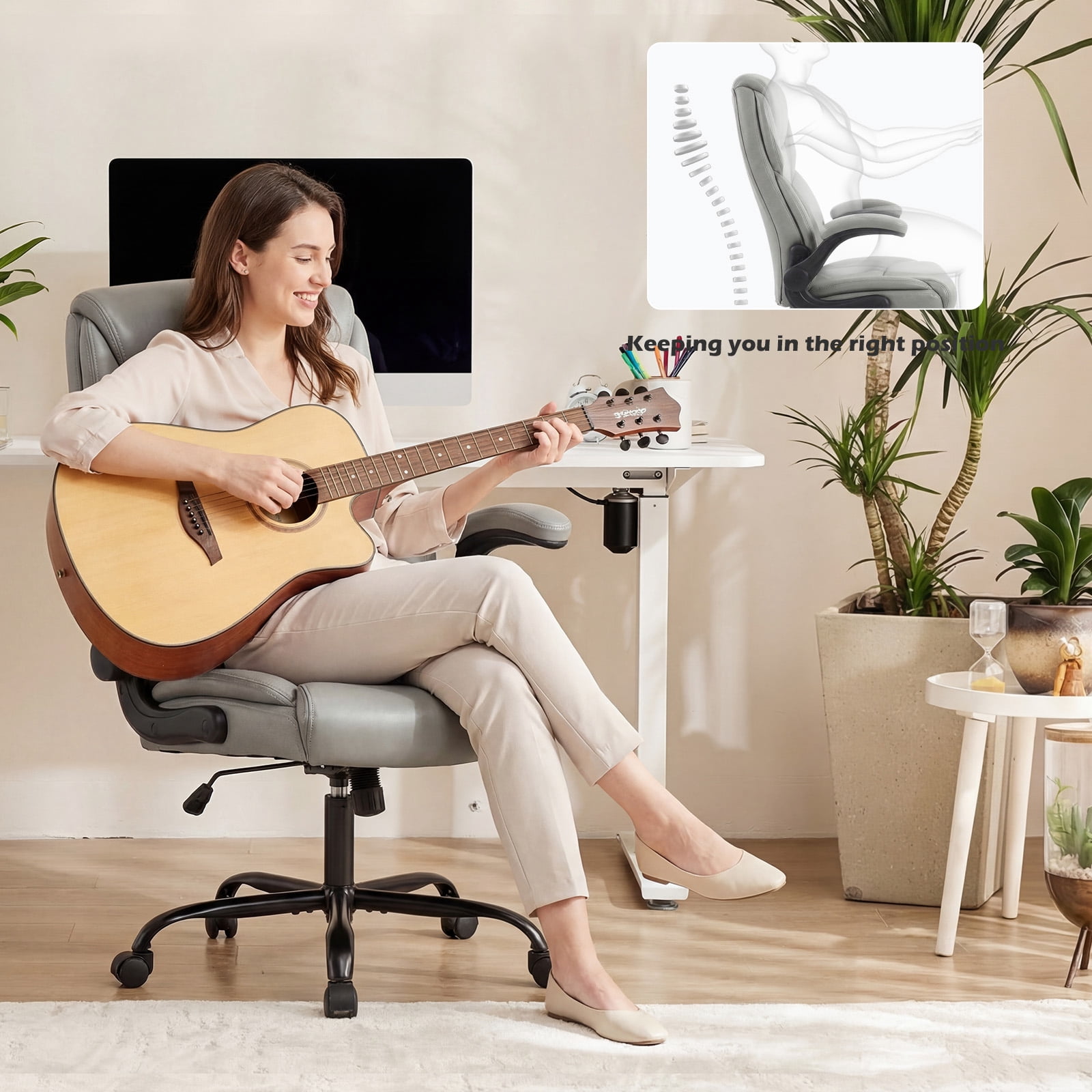 edx Computer Gaming Chair, Ergonomic High Back Heavy Duty Task Desk Office Chairs with Wheels, Flip-up Arms, Adjustable Height, PU Leather, Gray