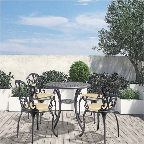 JERFIT 4-Person Outdoor Patio Dining Set with Round Table, 4 Ergonomic Chairs & Beige Cushions, All-Weather Black Aluminum Furniture for Garden, Deck, Poolside