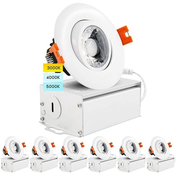 Luxrite 3 inch Adjustable LED Gimbal Recessed Light with J-Box 3 Color Selectable 8W=50W 600lm Dimmable Damp Rated 6-Pack