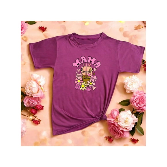 Playera Blusa Mujer Mama, Love You, XOXO, Be Mine Diseño Original con Frases y Bebida Estilo Cute Color Rosa Dorado Talla Mediana Marca Emil SaEs
