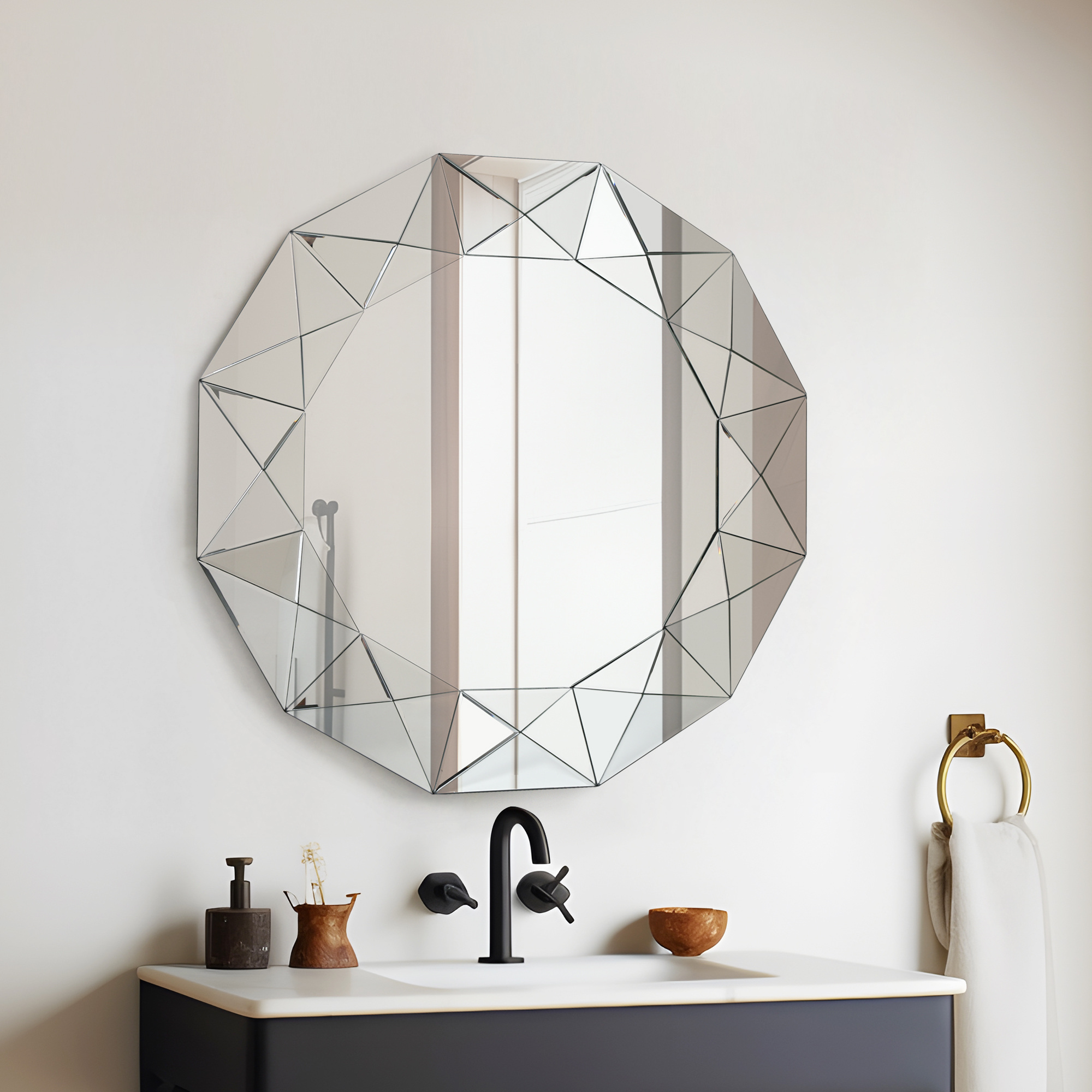 LNC 39"x39" Round Geometric Wall Mirror with Faceted Beveled Frame for Living Room or Entryway