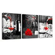 Kitchen Wall Art for dining room Wall Decor Still life Black and white Canvas art Prints Wine barrel bar Red rose painting modern family wall decorations restaurant bedroom Decor Artwork 3 piece set