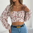 thumbnail image 4 of Womens Long Sleeve Crop Tops Cross Hem Floral Print Square Neck Going Out Blouse Tees Spring Fall Fashion (XL, White), 4 of 7