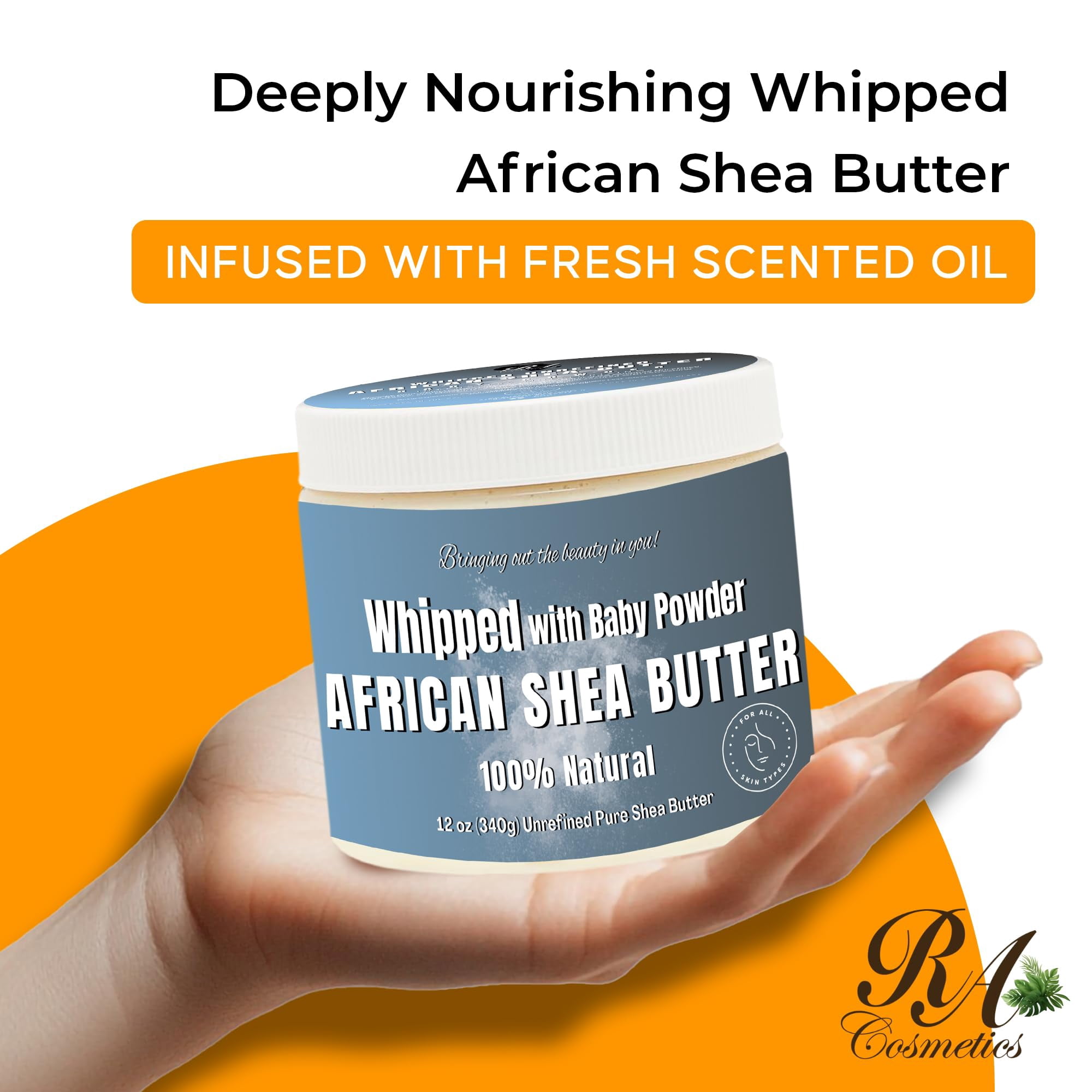 RA COSMETICS Whipped Shea Butter Baby Powder - 100% Pure and Natural African Shea Butter - Ultimate Handcrafted Moisturizer with Essential Vitamins for Radiant Skin and Luscious Hair - 12oz Jar