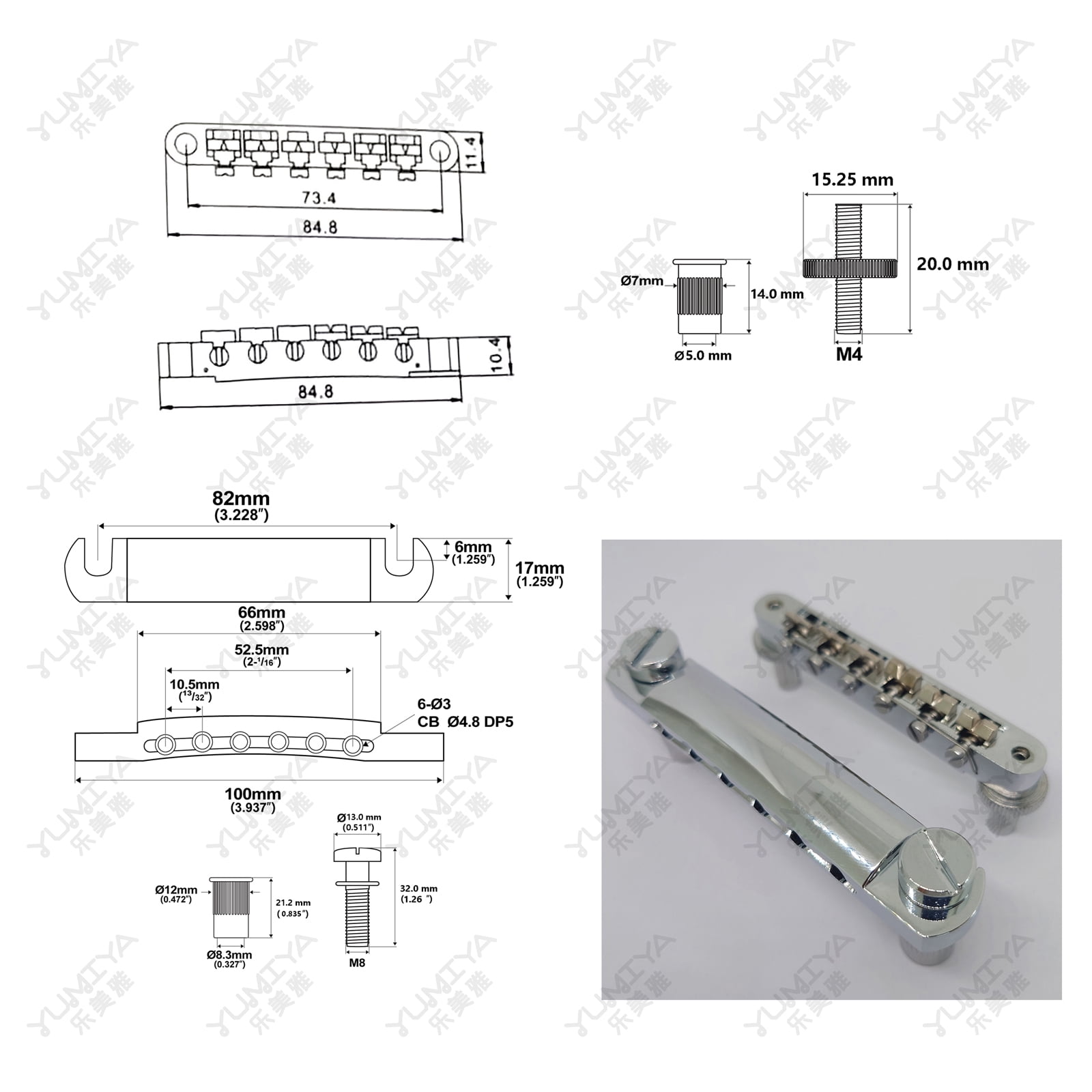 Guitar Fixed Saddle Bridge Tailpiece Set with ABR-1 Style Tune-O-Matic Bridge Chrome for ABR LP SG EPi Electric Guitars
