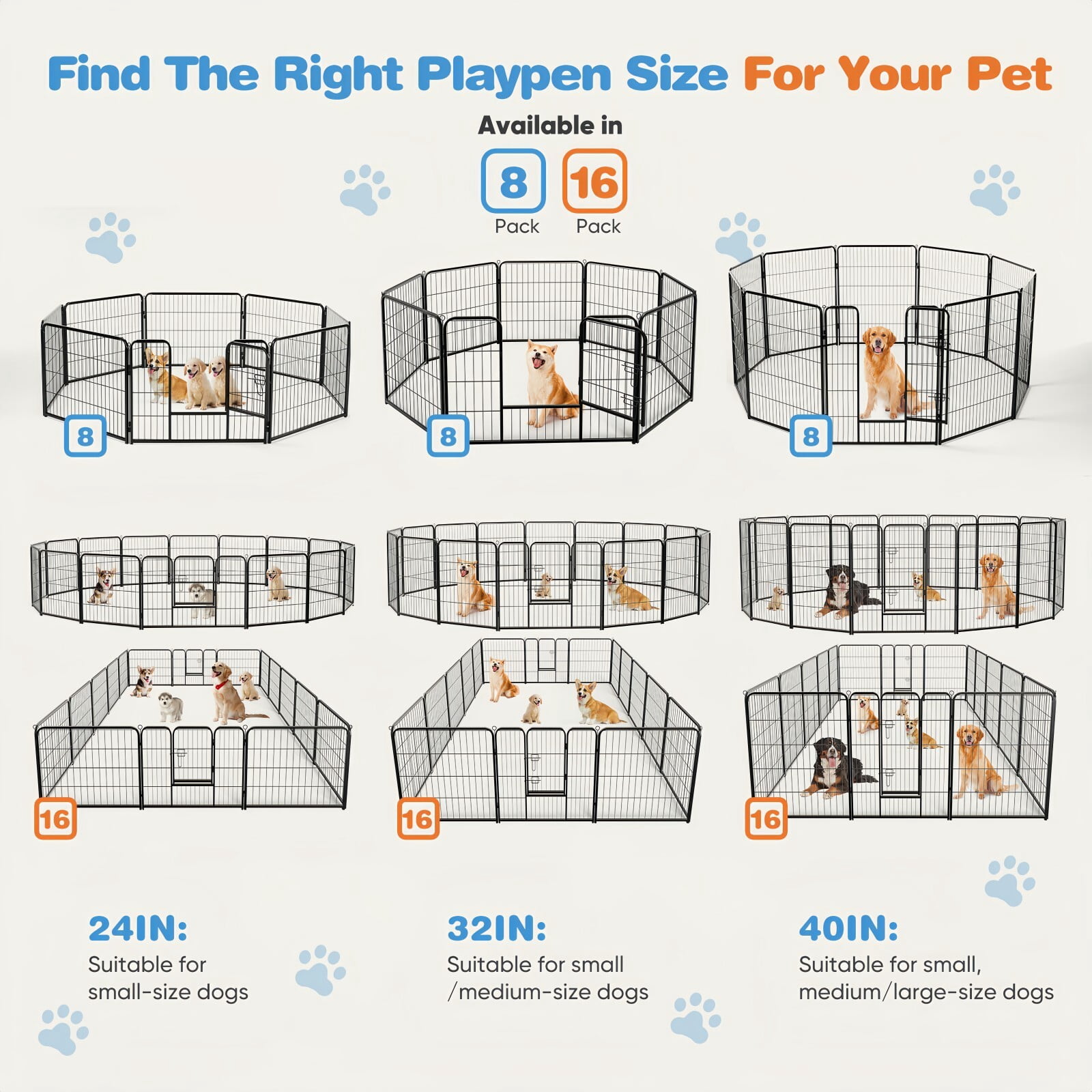 Kelno 24" Tall Dog Playpen 8 Panels Adjustable Metal Pet Fence with Lockable Door Indoor Outdoor Dog Crate Enclosure for Medium Large Dogs