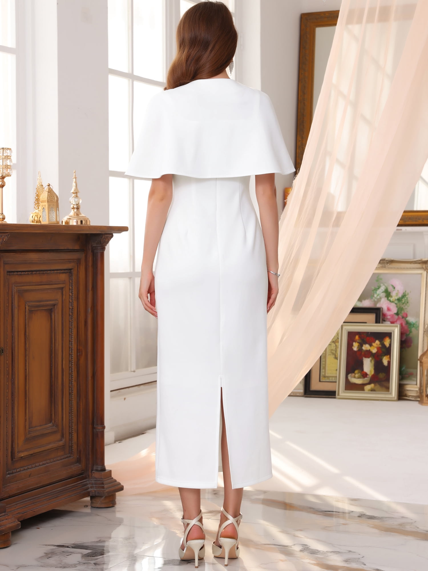 DARING DIVA Women's Cocktail Wedding Guest Dress with Cape L White