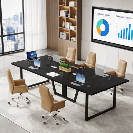 8FT Large Conference Table For 10 People Industrial Rectangular Meeting Table With 2 Cable Grommets Sturdy MDF Metal Frame For Home Office Studio Business (Black)