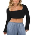 thumbnail image 1 of Women‘s Spring Summer Slim Crop Tops Solid Color Long Sleeve Square Neck T-shirt Basic Tops, 1 of 4