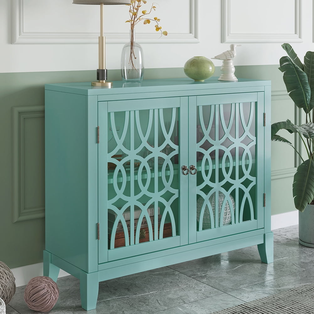Private Jungle Wood Accent Buffet Sideboard Storage Cabinet with Doors and Adjustable Shelf, Entryway Kitchen Dining Room,40 Inch,Navy Green