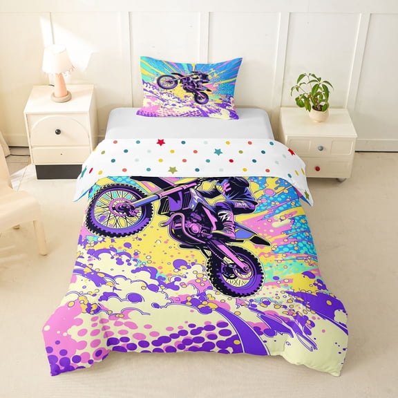 Castle Fairy Pop Art Motocross Twin Bedding for Teens, Bright Burst Jump Duvet Cover Set for Vibrant Bedroom, Purple Pink,2pcs,No Comforter