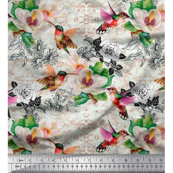 Soimoi Orange Rayon Crepe Fabric Leaves,Hummingbird & White Floral Printed Fabric 1 Yard 46 Inch Wide