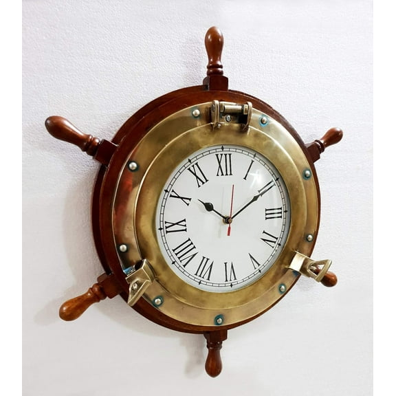 Antique Marine 18" Wooden Ship Wheel Porthole Vintage Clock Nautical Wall Clock Home Decor