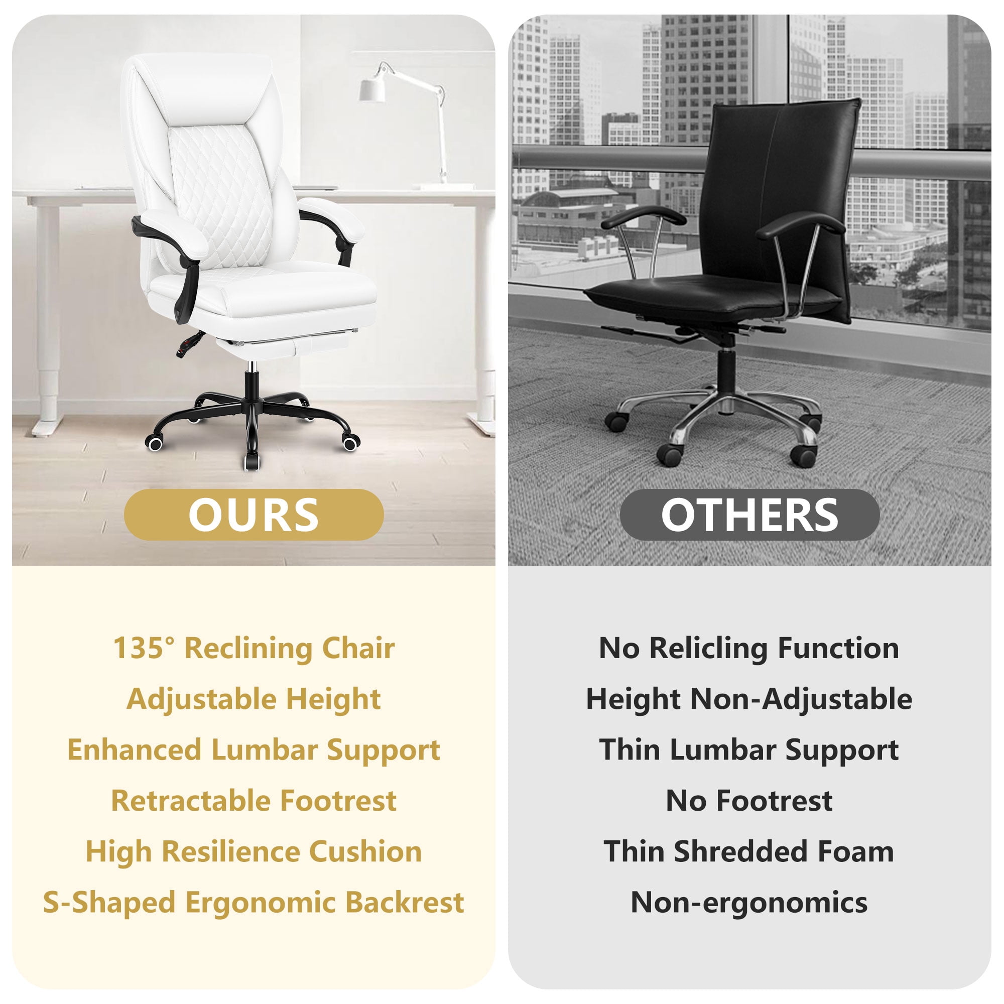 Primy Office Chair with Retractable Footrest, Ergonomic High Back Executive Computer Desk Chair, Big & Tall PU Leather Reclining Chair for Home Office Work