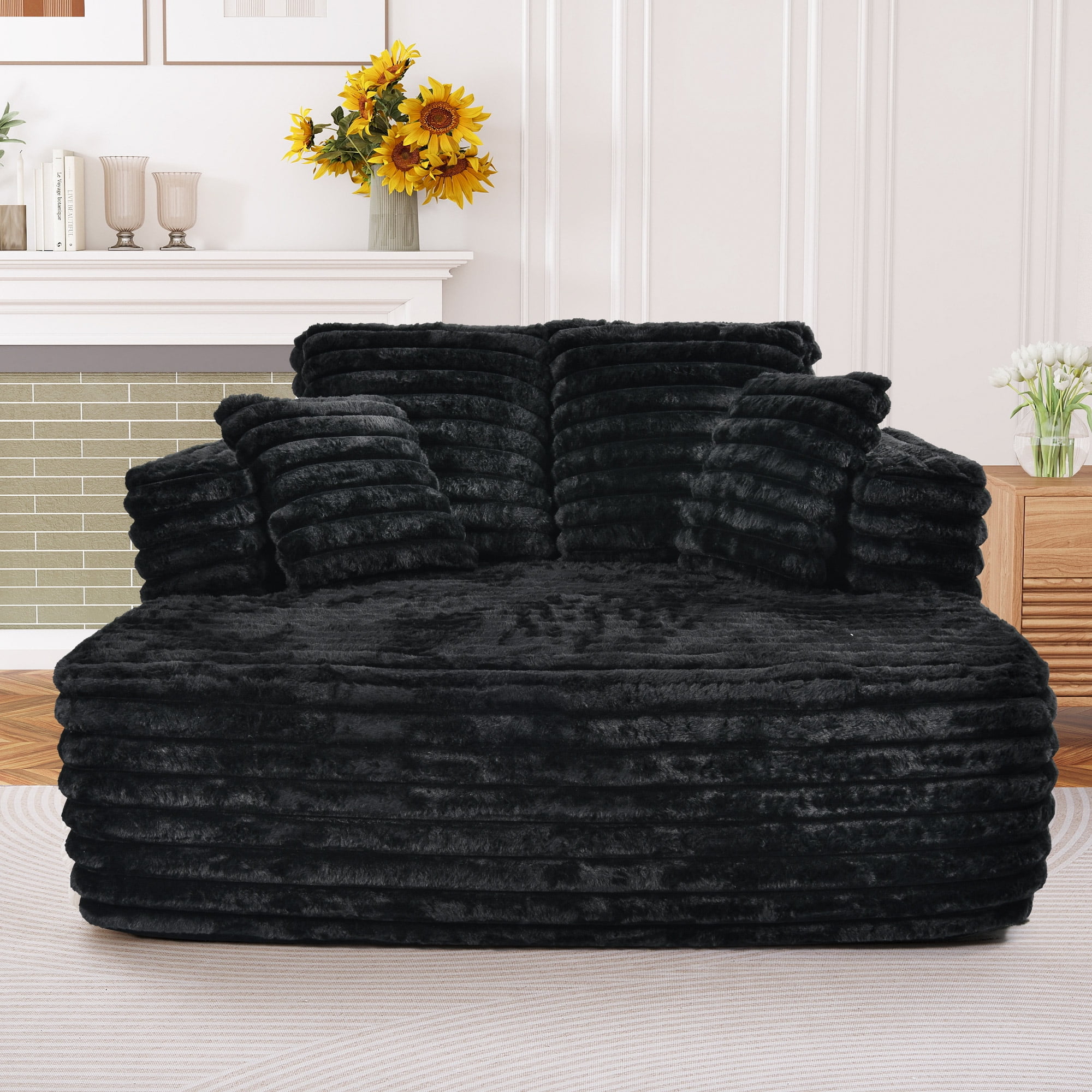 Muumblus Oversized Chaise Lounge Chair Indoor Furniture, No Assembly Required, Plush Corduroy Upholstered Sofa Bed Cozy Sleeper Couch for Living Room, Bedroom, Black