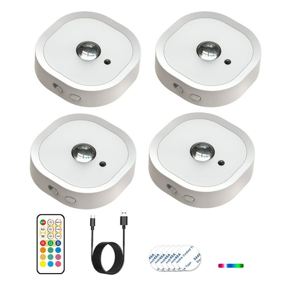 4 Pcs Puck Lights with Remote, Rechargeable Touch Push Lights, 13 RGB Colors Led Under Cabinet Lighting, Stick on Closet Light for Kitchen, Pantry, Shelves (White)
