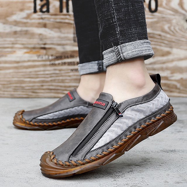 Zapatos de cuero genuino, zapatos casuales para hombres, mocasines cosidos a mano, zapatos planos para hombres, zapatos de conducción cómodos para hombres, mocasines (25,5 cm)