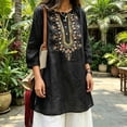 thumbnail image 4 of IUYRTFE Women's Long Sleeve Embroidered Tunic Top Button Front Round Neck Casual Boho Blouse, 4 of 5