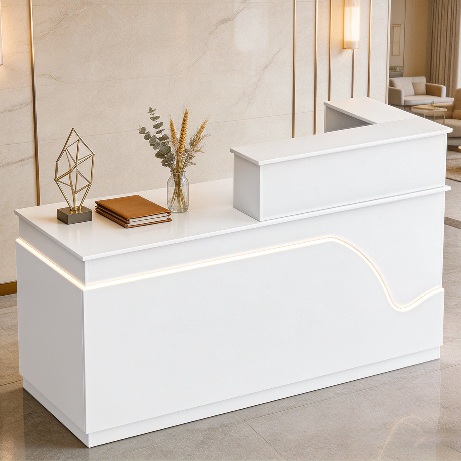 Vakiorn L Shaped Modern Wooden Commercial Reception Desk 63inch with Counter Shelves Drawers Light for Office Home White Left