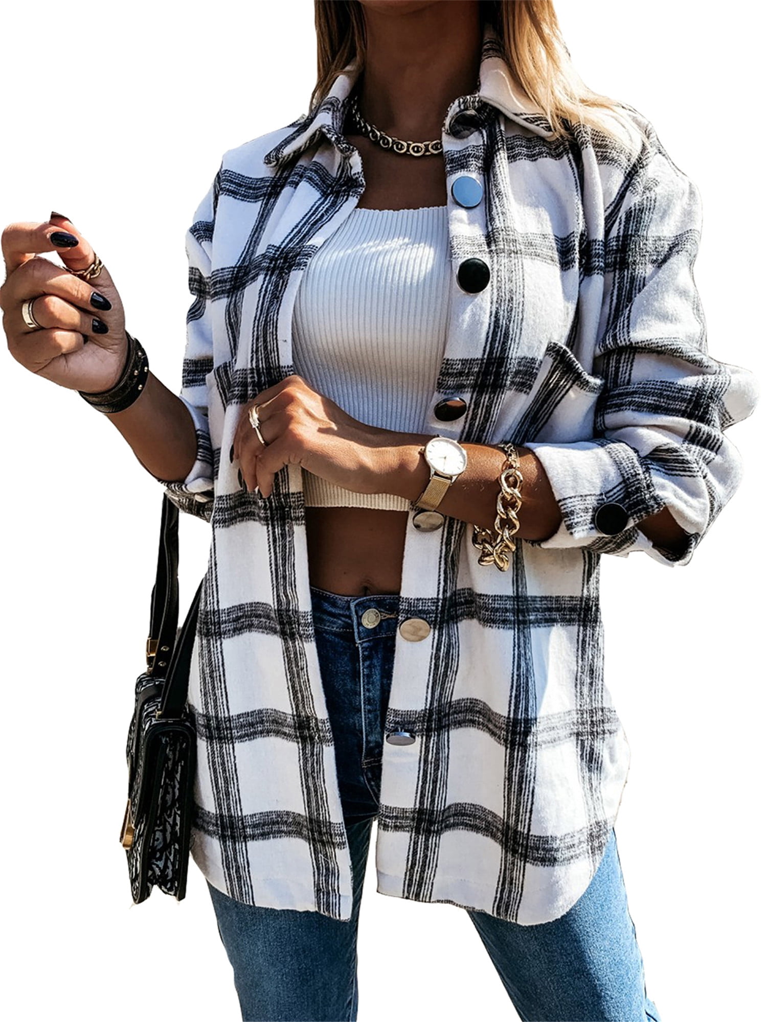 Aunavey Women Casual Plaid Shirt Coat Top Button Down Long Sleeve Jacket  Shackets Outwear