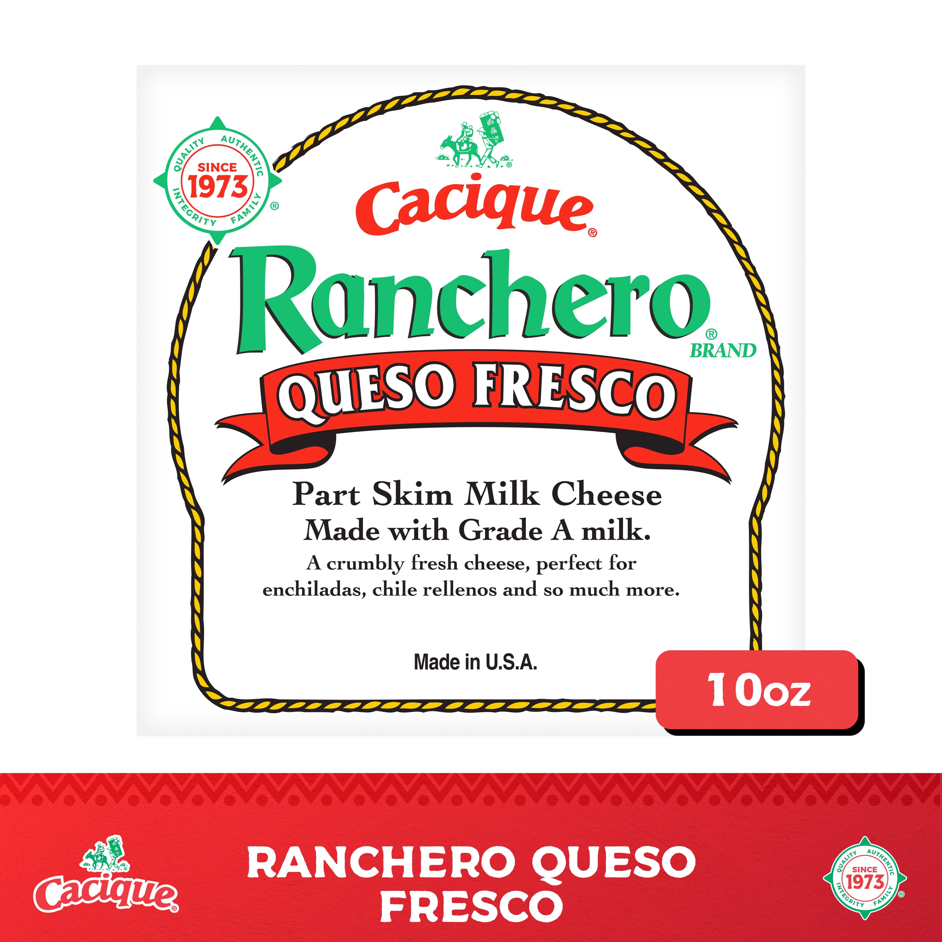 Cacique Ranchero Queso Fresco, Fresh Mexican Crumbling Cheese, Part Skim Milk, 10 oz (Refrigerated)