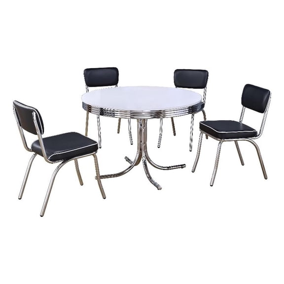 Loy 5pc Dining Table and Chair Set- Black Faux Leather- Retro White Round