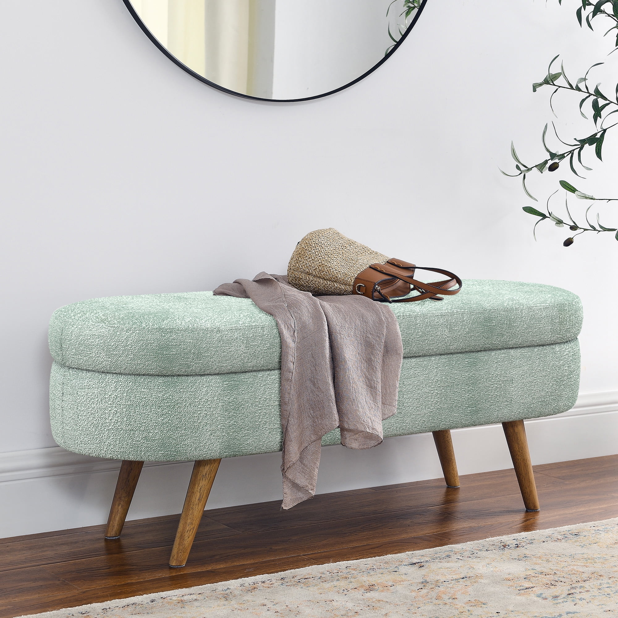 Ottoman Oval Storage Bench,Rubber Wood Legs, Gray (43.5"x16"x16")