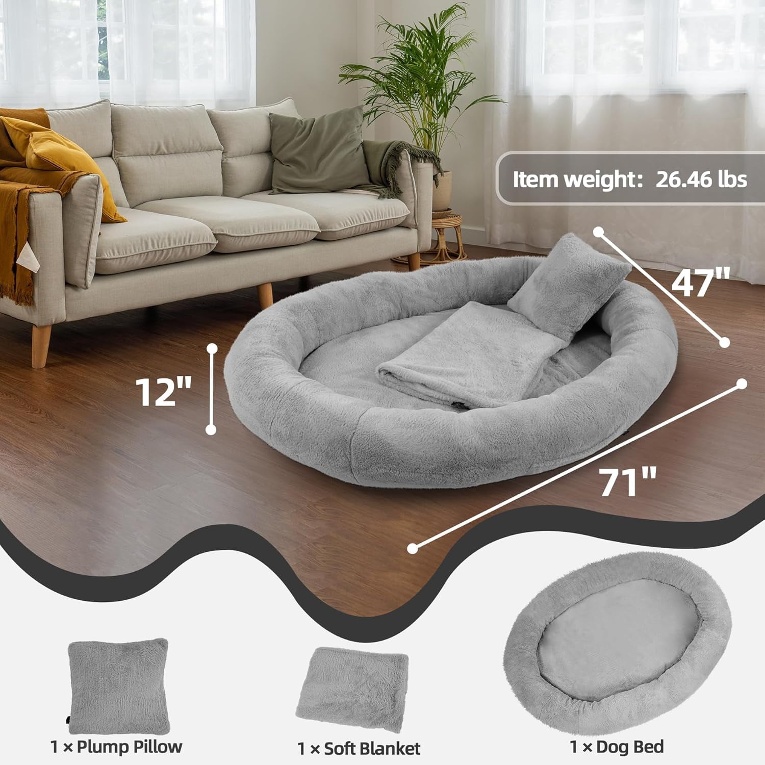 Elevon Extra Large Dog Bed 71"x47"x12" – Premium Washable Faux Fur Pet Bed with Soft Blanket & Pillow, Removable Memory Foam Mattress, Non-Slip Bottom, Gray