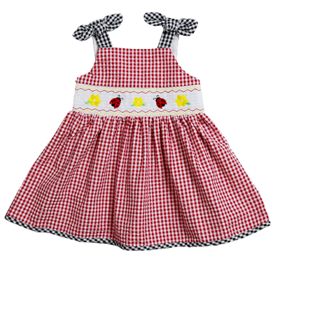 Seersucker Sundress - Good Lad Toddler Girls Red Gingham Seersucker Smocked Sundress with Ladybug embroideries