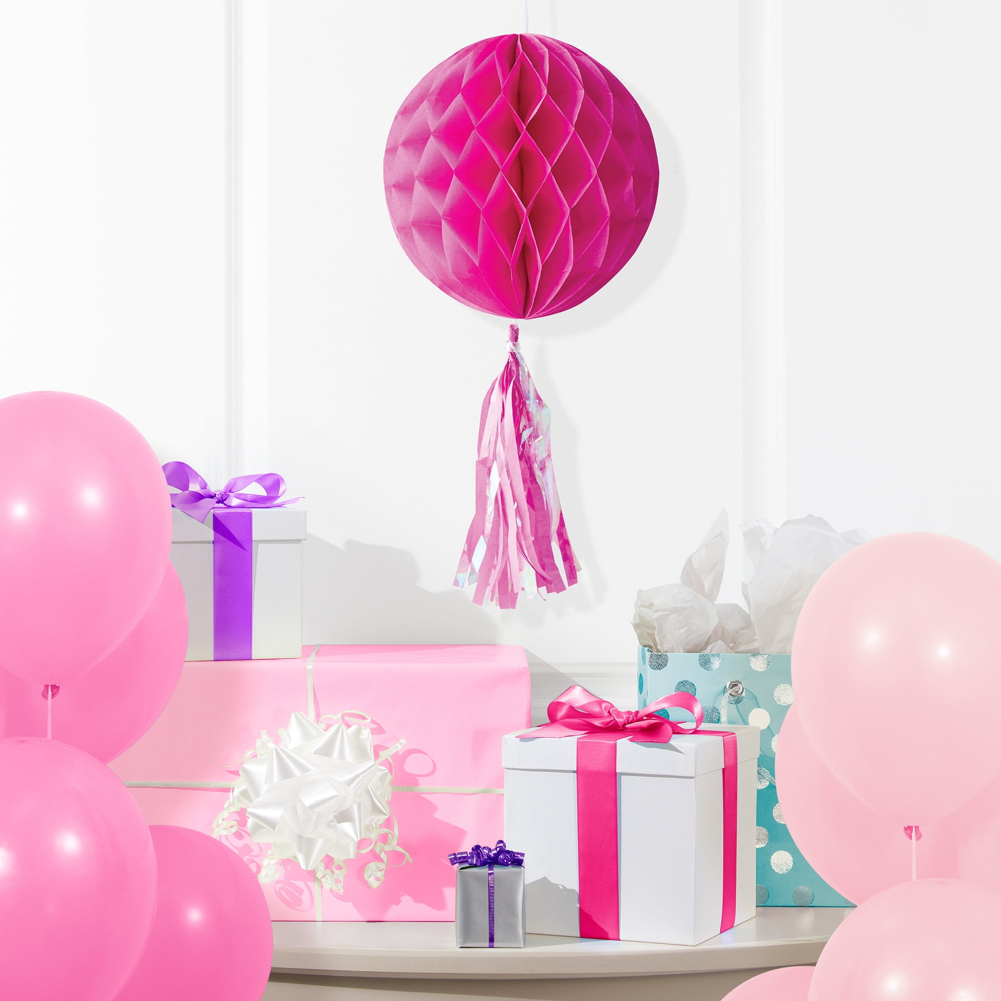 Pink Honeycomb Ball Hanging Decoration with Fringe Tassel  10" x 9" by Way to Celebrate