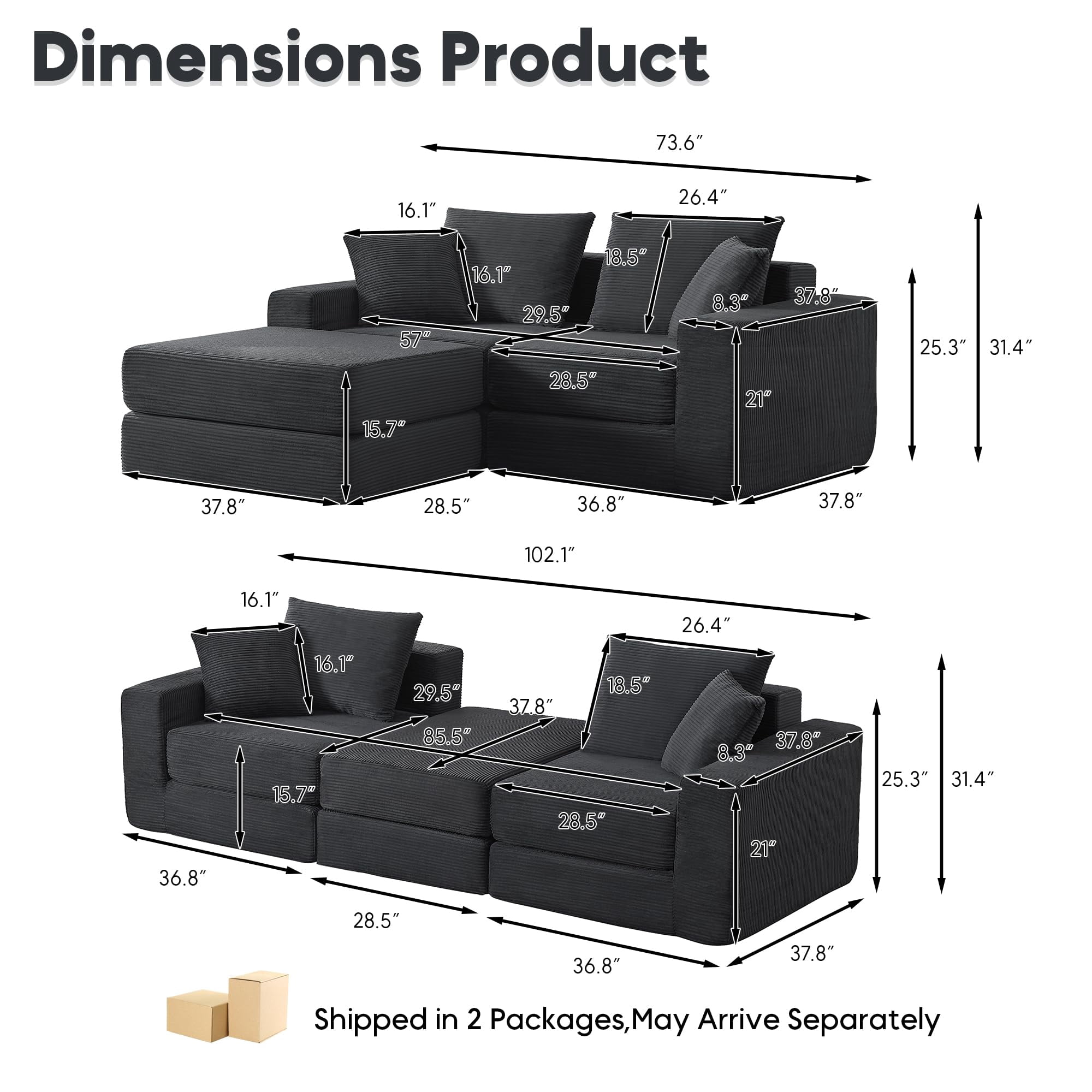 Tmsan 73.6" Modular Sectional Sofa,boneless loveseat couch with 4 Pillows,Classic L-Shape Design Convertable, for Living Room and Office,Grey