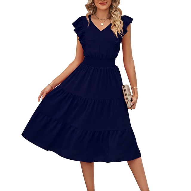 Vestido de mujer de una línea sin mangas con cuello en V vestido largo suave para cóctel (azul marino L) FLhrweasw Para estrenar
