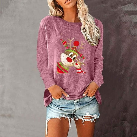 

jsaierl Christmas Sweatshirts for Women Round Neck Long Sleeve Shirts Christmas Deer Print Tops Dressy Casual 2022 Blouse Tee Pullover for Teen Girls