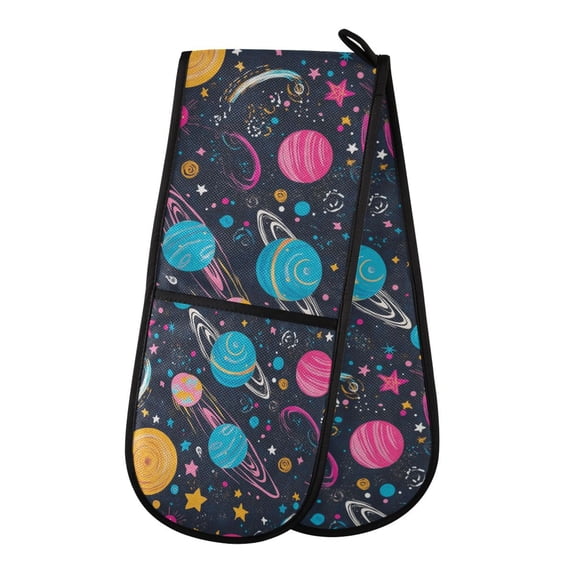 35" x7" Double Oven Mitt Heat Resistant Oven Gloves Withstands Up to 200°C for Kitchen Baking & BBQ Stars and Planets Pattern