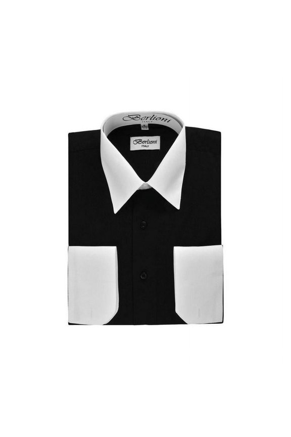 Men's Berlioni Two Tone French Contrast Convertible Cuff Long Sleeve Dress Shirt (Black,2XL 34/35)
