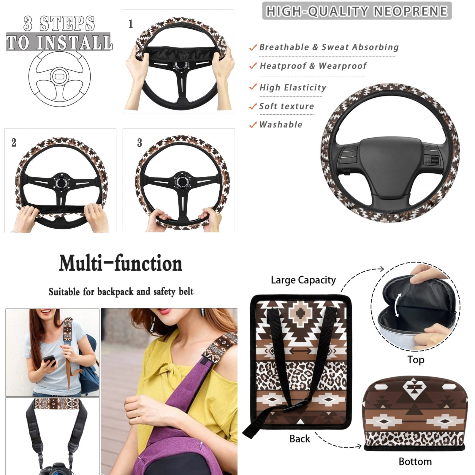 Jeiento Aztec Leopard Seat Covers Full Set for Car with Trash Bin Cup Holder Steering Wheel Cover Seat Belt Shoulder Pad Keychain Rear View Mirror Protector Air Vent Storage Bag Car Accessories