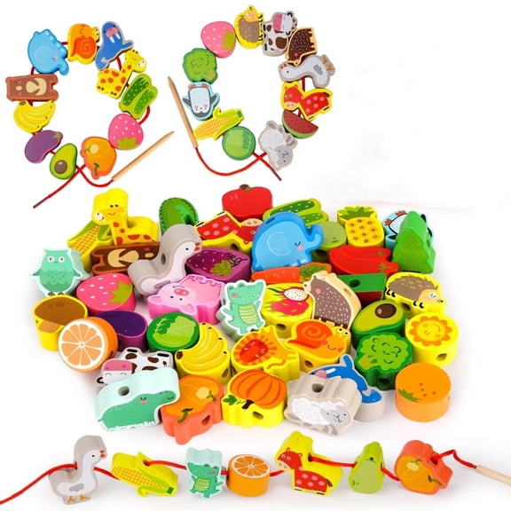 Montessori Toys for 1 2 3 Year Old,Wooden Educational Threading Toys for 2 3 4 Year Old,Toddler Learning Toys Lacing Beads for 2 3 4 Year Old Girl Boy Birthday Gift,Farm Animal Fruit