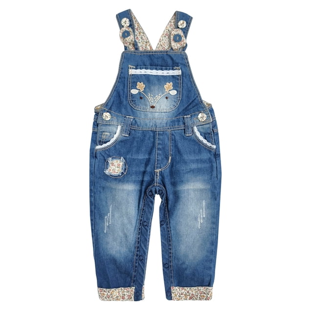Kidscool Space Baby Girls Easy Diaper Changing Snap Legs Deer Embroidered Denim Overalls,Blue,9-12 Months