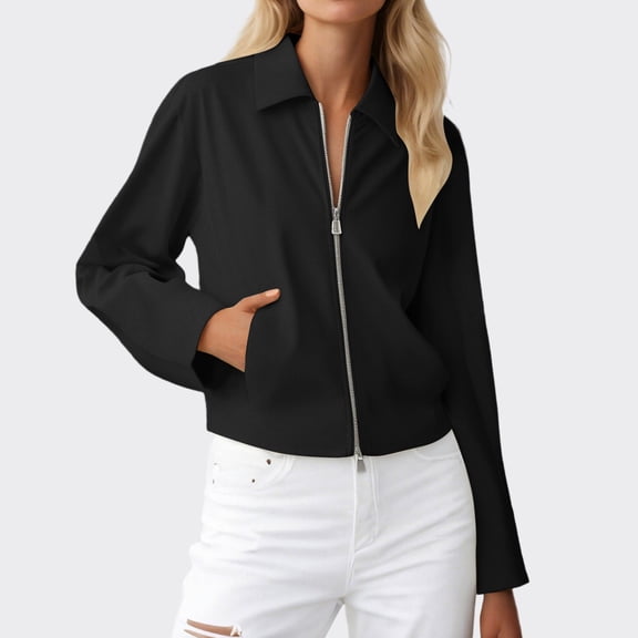 ZHOGXU Women's Coat With Pocket Long Sleeve Lapel Solid Color Zipper Comfortable Stylish Jacket For Casual Daily Wear Black L