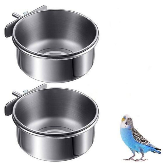 Trianu 2 Pack Bird Feeding Dish Cups Parrot Stainless Steel Food Water Dish Platform Feeder Cage Bowl with Clamp Holder for Cockatiel Budgies Parakeet Macaw