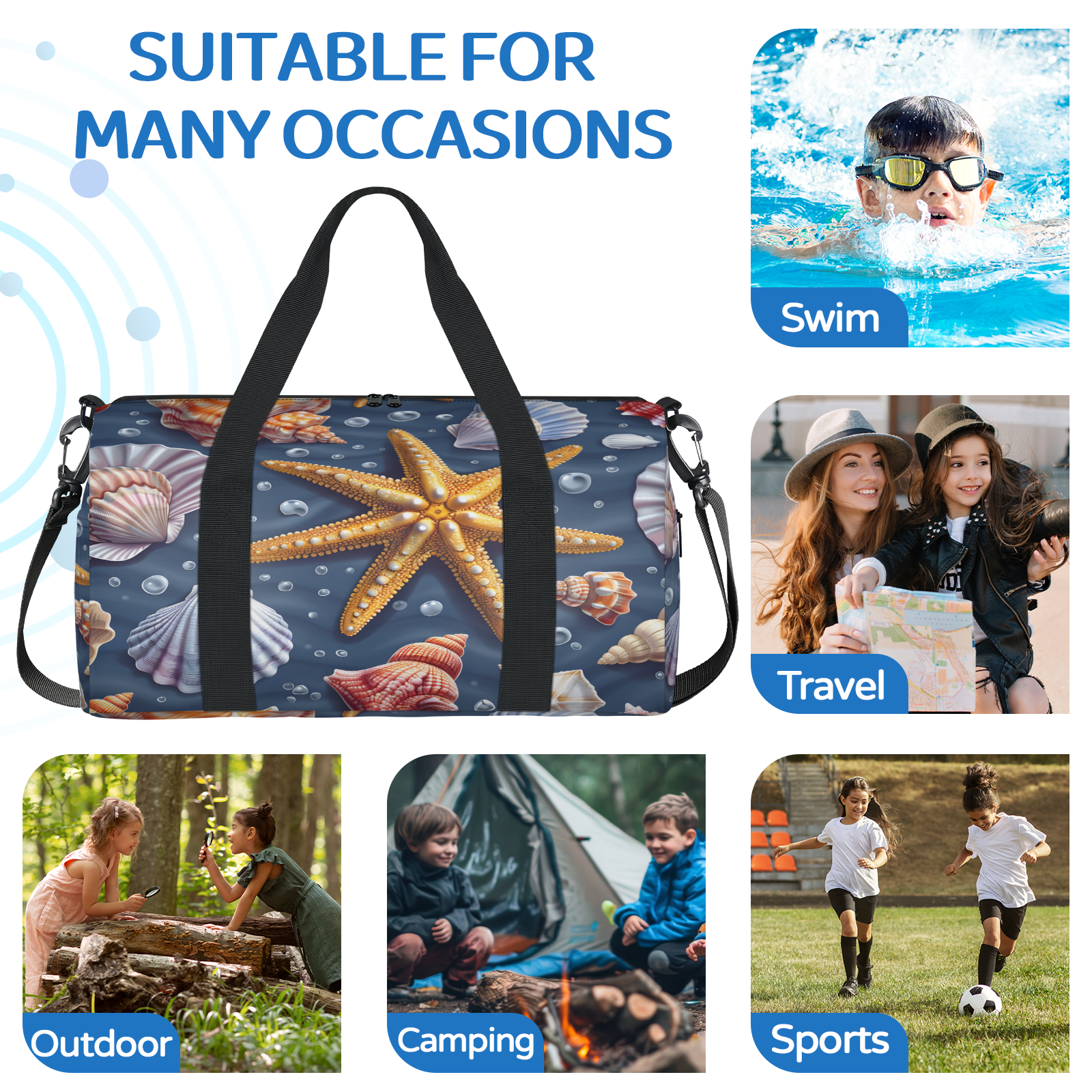 Herdesigns Starfish Gym Bag for Women, Duffle Bag for Travel Sport, Ocean Theme Lightweight Waterproof Carry on Weekender Dance Yoga Workout Bags