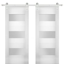 Modern Double Barn Door 48 x 96 inches with Opaque Glass / Sete 6003 White Silk / Stainless Steel 13FT Rail Track Set / Solid Panel Interior Doors