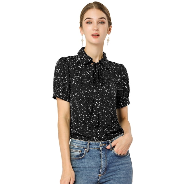 INSPIRE CHIC Blusa De Gasa Con Cuello Peter Pan Y Manga Corta Con Lunares Para Mujer Negro S