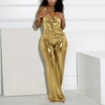thumbnail image 2 of Women's Jumpsuit Trendy Metallic Bodycon Romper Wide Leg Trouser Party Club Outfit Gold 2XL, 2 of 7